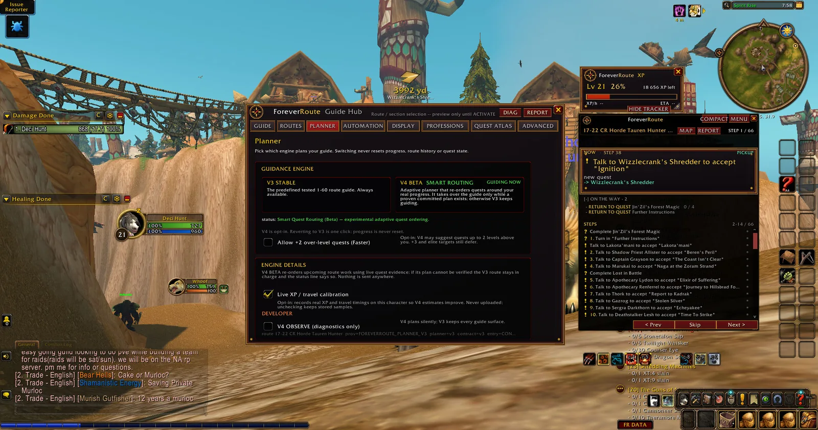Real WoW Forever gameplay screenshot showing ForeverRoute Planner V4 Controls