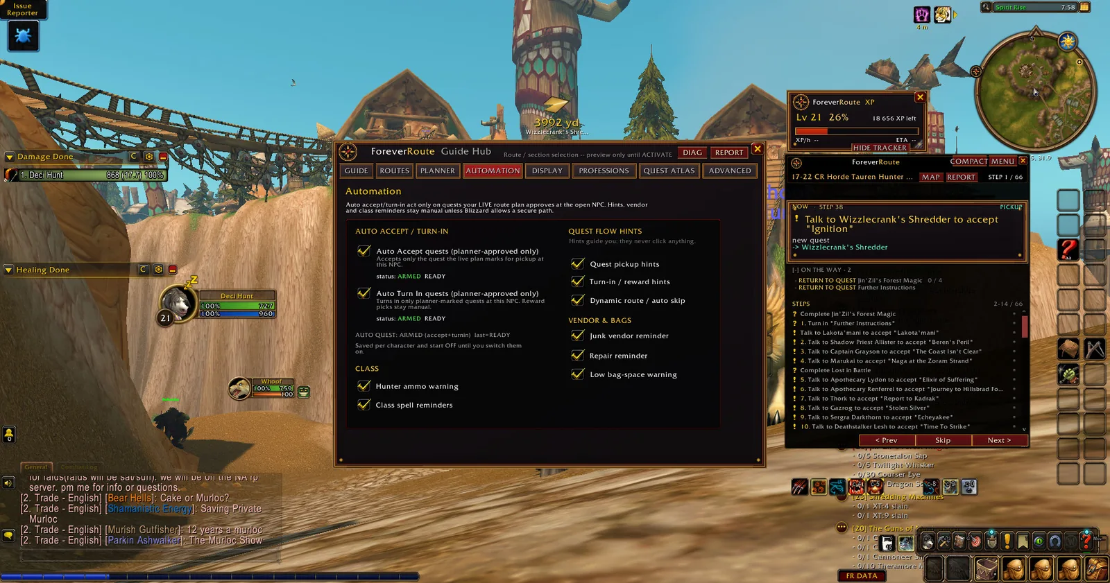 Real WoW Forever gameplay screenshot showing ForeverRoute Quest Automation